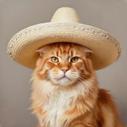 Beatiful Oil painting of an orange Maine-coon with a white beard. wearing a wide-brimmed straw white sombrero sombrero