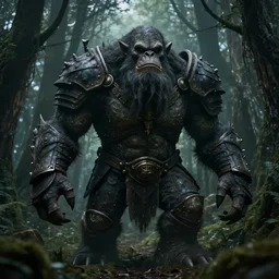 a giant armored cave troll in a scary forest in the style of lord of the rings, 8 k, moody lighting, shallow depth of field, raytracing,