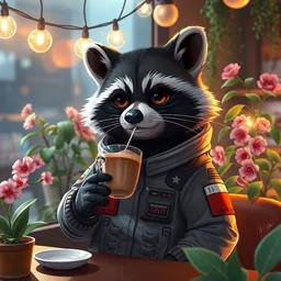 portrait of a cute humanoid raccoon wearing a space jumpsuit drinking a latte in a cafe with glowing string lights, flowering houseplants in the background, cinematic, intricate details, trending on artstation, digital painting, anime key visual, + n 4