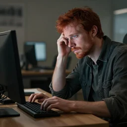 a tired red - eyed man working on his computer, realistic, 8 k, extremely detailed, cgi, trending on artstation, hyper - realistic render, by greg rutkowski