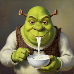 a portrait of shrek who is half cat drinking from bowl of milk, hyper realistic, oil painting, da vinci, 8 k, green, whiskers, epic,