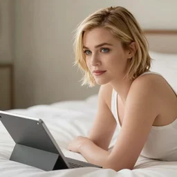 film still of brittany murphy seaxted on bed beside ipad, short blonde hair, beautiful face, wearing shirt, realistic proportions, ink, black and white, illustration, cinematic compo, sition, lineart, clean lines, sean phillips