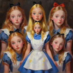 a insanely intricate beautifull oil painting of alice in wonderland, beauty cute faces, unreal engine, 8 k resolution, cell shaded, soft dramatic lighting, cinematic, insanely intricate, subsurface scattering, anti aliashing, pixar,
