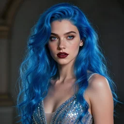 an attractive girl with blue celestial hair and dark lipstick and freckles, wearing a sparkling dress, trending on artstation, highly detailed, cinematic lighting, character concept art, movie poster art, movie concept art