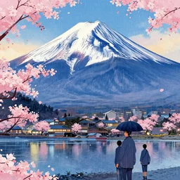 mount fuji, woodcut, kuvshinov • chill • snatti 8 9 • guweiz • aenami • sylar 1 1 3 • lofi • lofi • arsenixc • seerlight • anime scenery • anime rain • akihabara • asabinart • lofi wallpaper • japanese wallpaper, cheeryblossom