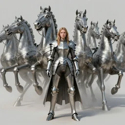 portrait of one hundred full body girl metal armor and one hundred metal horse poses valhala dream by gaston bussiere, anna nikonova aka newmilky, greg rutkowski, yoji shinkawa, yoshitaka amano, moebius, donato giancola, geoffroy thoorens, concept art, trending on artstation, featured on pixiv, cinematic composition, 8 k