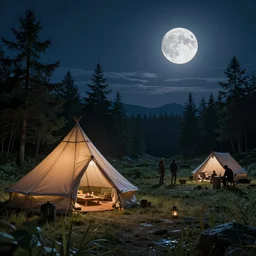 an epic fantasy adventurer's camp with a hide tent at night with a full moon, 4 k, extremely detailed. award winning, trending on artstation, 8 k, ultra wide angle