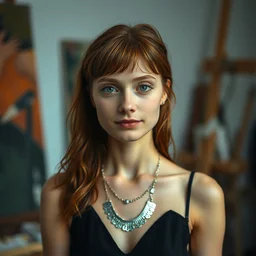 a portrait photograph of a crazy beautiful young woman painter in her studio, wearing a black dress and silver necklace, copper brown hair, dark blue eyes, dof, sharp focus, slight smile, pale, highly detailed face, symmetric face, 4 k, cinestill 8 0 0 t, exif, raw, photography by paolo roversi