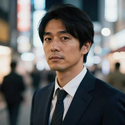 night close up portrait of an beautiful adult asian man wearing a suit in the streets of akihabara, depth of field bokeh, award winning photo, color graded, soft focus, high detail, sigma lens 7 0 mm
