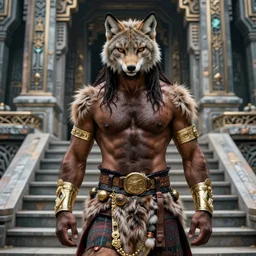 highly detailed, black male anthro - lynx, human with head of lynx, long rockstar hair, facial scar, hairy masculine gigachad, six nipples, muscular, wearing kilt and gold armbands, fur texture, on steps of alien temple, trending on artstation,