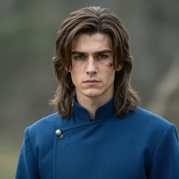 a young man with shoulder length brown hair. blue uniform. scar on his forehead. serious expression, handsome, rugged, kaladin stormblessed, way of kings, artgerm, portrait