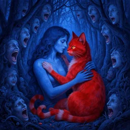 only with blue, ney motogrosso in love with a red ocelot, too many mouths and faces in all directions, in hoc signo vinces, forest, in the style of leonora carrington, gottfried helnwein, intricate composition, blue light by rembrandt, insanely quality, highly detailed, masterpiece, red light, artstation