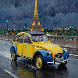colorful citroen 2 cv racing through paris in the 1 9 5 0 s. dark skies, rain. movement. impressionistic oil painting by pisaro, by cezanne, by matisse