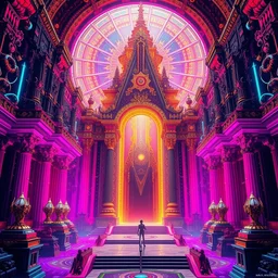 the futuristic temple of transcendence highly ornate, metaphysical utopia, stargate portal, parallax poster composition, 8 k highly detailed hyperornate high contrast and sharp neon colors, oil painting by marc simonetti and caspar david friedrich, trending on artstation
