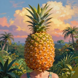 closeup, giant pineapple as the head, girl surrounded by djungle, surreal photography, golden hour, colorful clouds, impressionist painting, digital painting, artstation, simon stalenhag