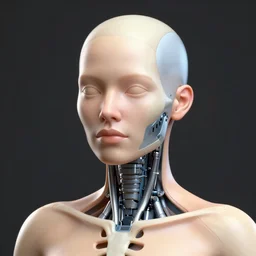 anatomical 3 d render of a cyborg woman's face and shoulders