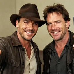 chris pratt as indiana jones taking a selfie with an old harrison ford, instagram, cinematic, natural lighting, genuine smile, perfect angle, portrait