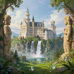 beautiful matte art of a big castle in a serene landscape floating waterfalls in the sky, giant sandstone statues, by albert bierstadt, green grass, highly detailed, crystal lighting, mystical, forest, hyperrealistic, 4 k, unreal engine, magical, by joe fenton, by greg rutkowski, by greg tocchini, by kaws, by kate beaton, by kaethe butcher