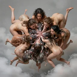 a intricate  mass of top model rat faced women melted bodies devouring each-other by luis ricardo farelo, ingravity, wet skin,  flying in clouds, photo-real, highly detailed, natural skin tones