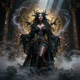 photoshoot of tinashe as mysterious dark goddess of death, realism, clouds, swirling energy, torn fabric, elaborate ornate growth, gilded relief, volumetric lighting, light shafts, ambient light, trending on artstation, by alessio albi