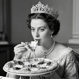 a historical photo of young beautiful queen margherita of italy, eating a pizza margherita, impressed, regency, intricate detailed tiara, pearl necklace, black and white photo, sharp focus, smooth lighting, masterpiece