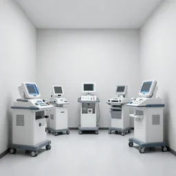 minimalist room full of medical equipment, unknown location, clean, stucco walls, shiny floors
