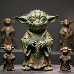 detailed photo of an old bronze patina statue of yoda, full body portrait, various pose, photorealism, intricate detail, museum diffuse lighting