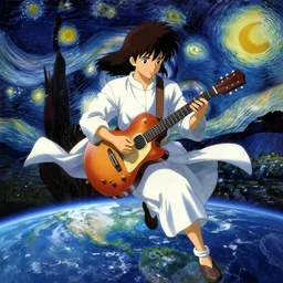 miyazaki anime, Jesus Christ in mass effect, playing guitar over earth, dynamic lighting, super super dynamic dynamic pose, space, starry night, intense, painting