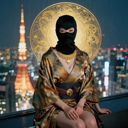 japanese female black balaclava mask with golden necklace and open kimono, art noveau, fresco by michaelangelo, photo portrait, beautiful female model, tokyosky, female sitting on skyscreapper, rain, city neon light, bokeh, long exposure, kodak promax 4 0 0, sony lens, golden fractals and dmt