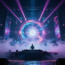futuristic DJ on stage in a cyberpunk, psychedelic effects and symmetric lights and smoke, opening a portal to another dimension, hyperrealistic, 8k