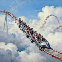 hyperrealism oil painting of a rollercoaster in the sky, surrounded by clouds