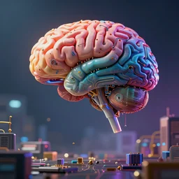 an artificial intelligence dreaming, electronic brain, computer parts, dreamy, vibrant colors