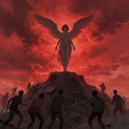 angel stand on top of big ban. stormy weather. red fire skies. people scared and running all over. artstation, art, 4 k.