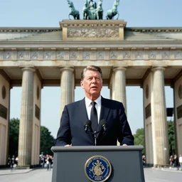 film still ronald reagan speech at 1 9 8 7 berlin brandenburg gate in mid summer, 8 k