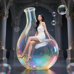 a beautiful asian girl sitting on an unfinished klein bottle sculptural, chroma iridescence, colors, glassy, reflective and refractive, soap bubbles floating, baroque architecture point clouds background