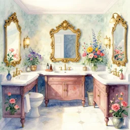 a hiper intricate watercolor of a beatiful bathroom with flowers, extremely detailed, sharp focus, wide view, smooth, digital illustration, colorfull, by william turner art, by greg rutowski