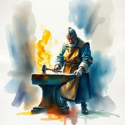 centered on watercolor paper, paint brush strokes, smudged abstract watercolor painting of medieval blacksmith with apron, anvil, hammer, glow, cinematic light, national romanticism by hans dahl, by jesper ejsing, by anders zorn, by greg rutkowski, by greg manchess, by tyler edlin