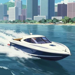 speedboat, Shadow 900 Cabin going full speed in front of shoreline city in anime cyberpunk style