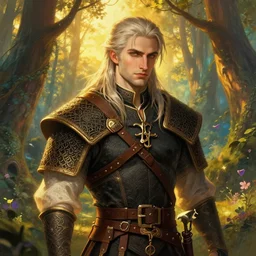 male cottagecore the witcher gerald of rivia. magical vibrant forest background, golden hour, intricate, elegant. highly detailed, digital painting, artstation, concept art, smooth, sharp, focus, illustration.. art by artgerm and greg rutkowski and alphonse mucha