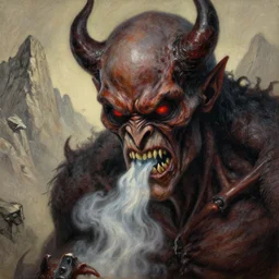 close up portrait of an evil monster with bad smell in the mountains of hell, oil painting by tomasz jedruszek, cinematic lighting, pen and ink, intricate line, hd, 4 k, million of likes, trending on artstation