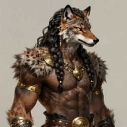 highly detailed digital painting, black male anthro - lynx, human with head of lynx, viking hair, gold earring in ear, with long thick wavy braided viking hair like fabio, facial scar, furry hairy masculine gigachad, muscular, wearing kilt and gold armbands, fur texture, as space viking, classic science fiction, trending on artstation, romance novel,