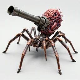 Techno-biological iron-meat spider with big artillery cannon on his head consisting of tumors, veins, guts, kidneys, wires, long spider paws, chitin, bones. Bodyhorror, biopunk, extremely high detail, ultra realistic, photorealism, concept art, octane render, view from a distance, 8k, 16k
