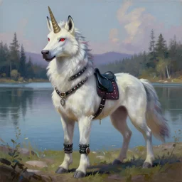 Beautiful portrait digital painting, oil painting, anthro anthropomorphic unicorn wolf androgynous , at a lake anarchist anarcho-punk Punk Punk outfit. furaffinity, artstation