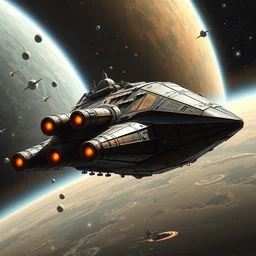 a _ massive _ egyptian _ battle _ ship _ evolved _ to _ become _ a _ futuristic _ dieselpunk _ spaceship _ with _ six _ thrusters _ in _ the _ back _ traveling _ through _ space _ by _ john _ - w _ 1 0 8 8 _ - n