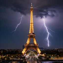 a realistic photo of paris by night with a thunderstorm and several lightnings in the sky, highly detailed, ultra realistic, nightmare, 8 k