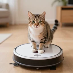 cat high on catnip sitting on a roomba robot cleaner, roomba riding towards camera, dynamic, artstation, motion blur