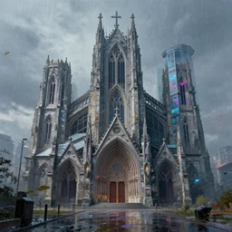 a cyberpunk cathedral by greg rutkowski and claude monet, wet, hyperrealistic, hyperdetailed