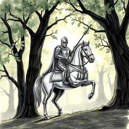 draw me a knight on a horse, with dappled light coming through the trees