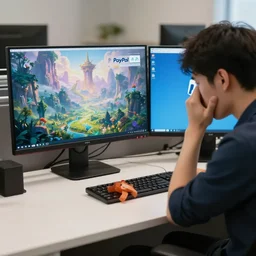 a sad man looking at a computer monitor on an office desk with a beautiful fantasy landscape on monitor 1 and the paypal logo on the monitor 2