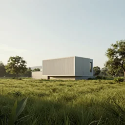 A serene landscape with a singular building in the style of Octane Render, ultra realistic, 4k, volumetric light, insane details, complementary colors.
